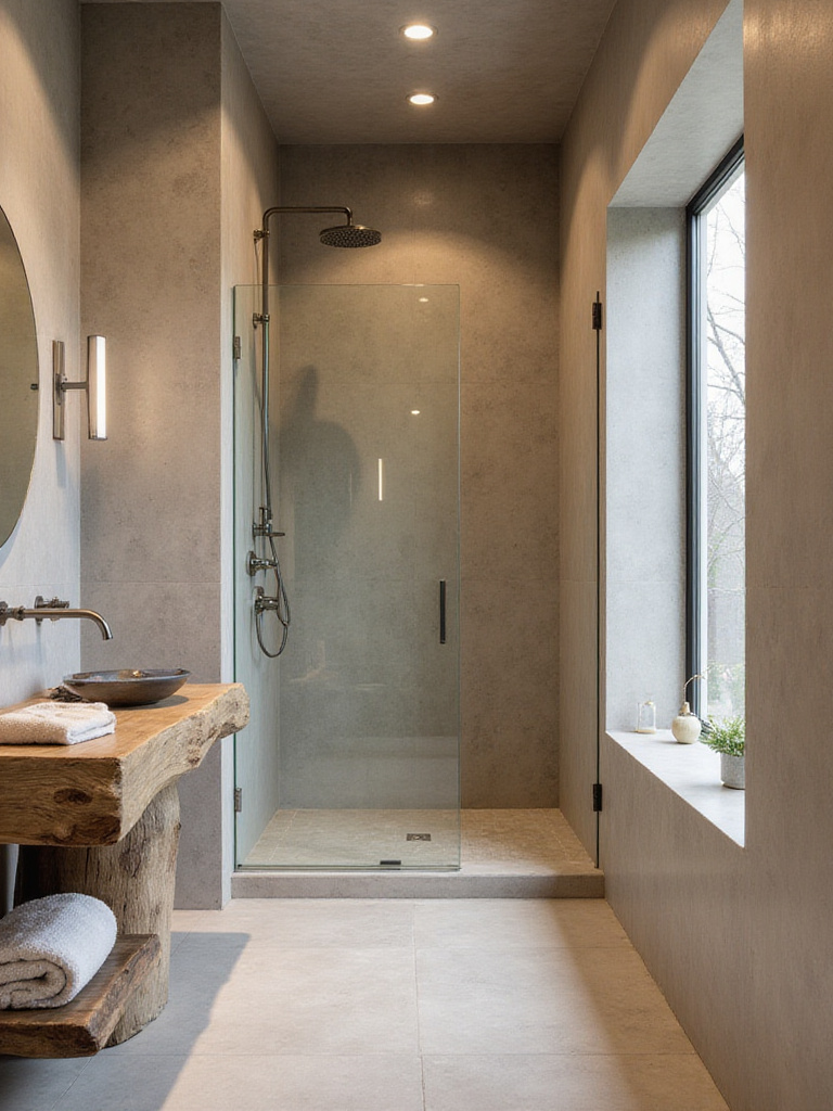 Luxurious bathroom showcasing a mix of textures including wooden vanity, glass shower screen, and plush towels.