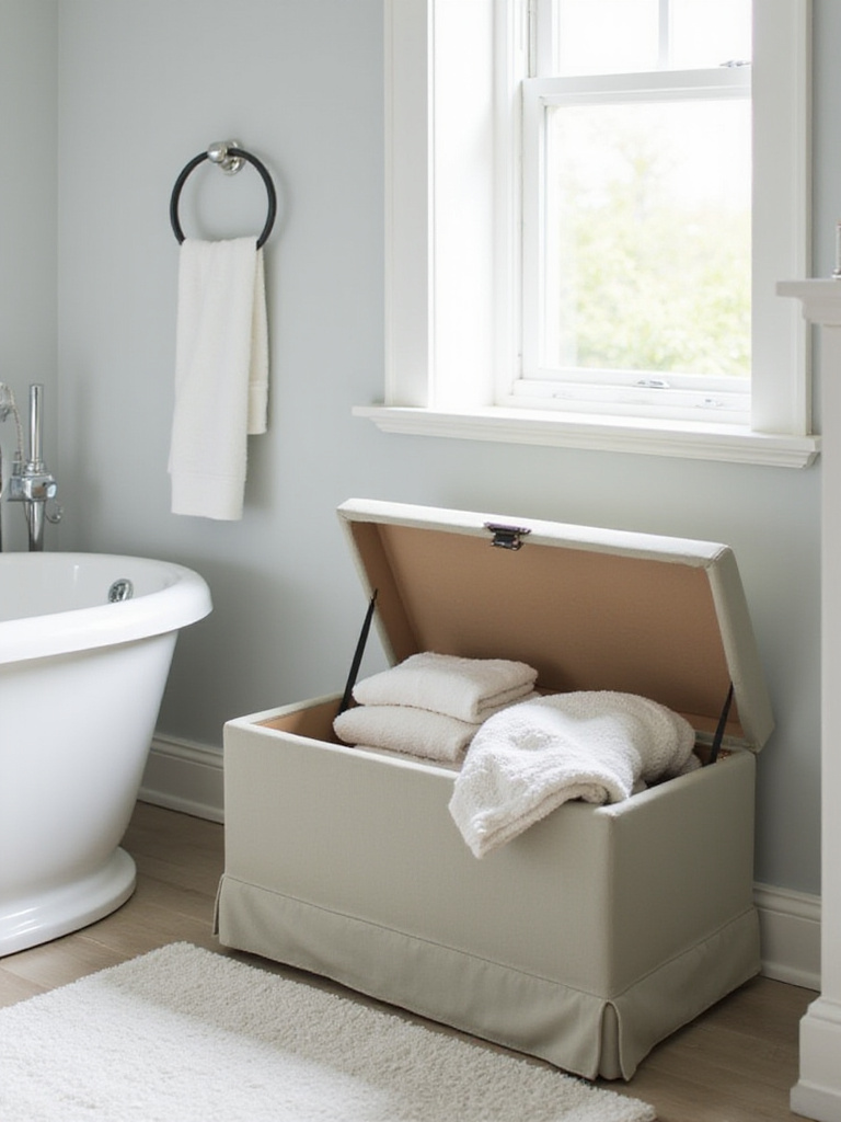 Storage bench or ottoman in a small bathroom providing seating and hidden storage.