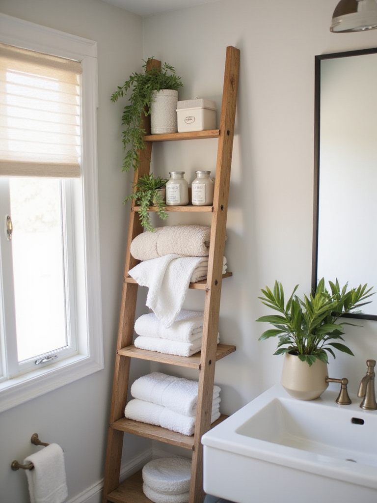 Stylish bathroom with ladder shelves filled with towels and plants