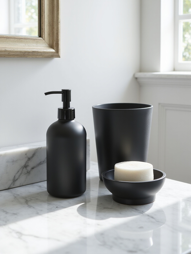 Elegant matching bathroom accessory set on marble countertop