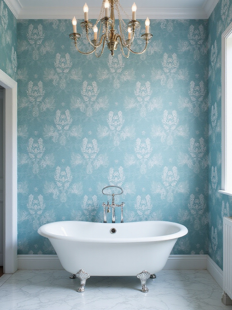 Elegant bathroom with blue floral wallpaper, showcasing design and decor.