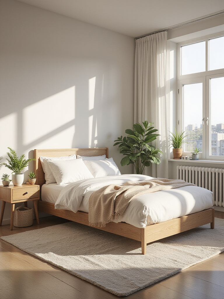 Strategic bed placement in a well-decorated apartment bedroom with natural light.