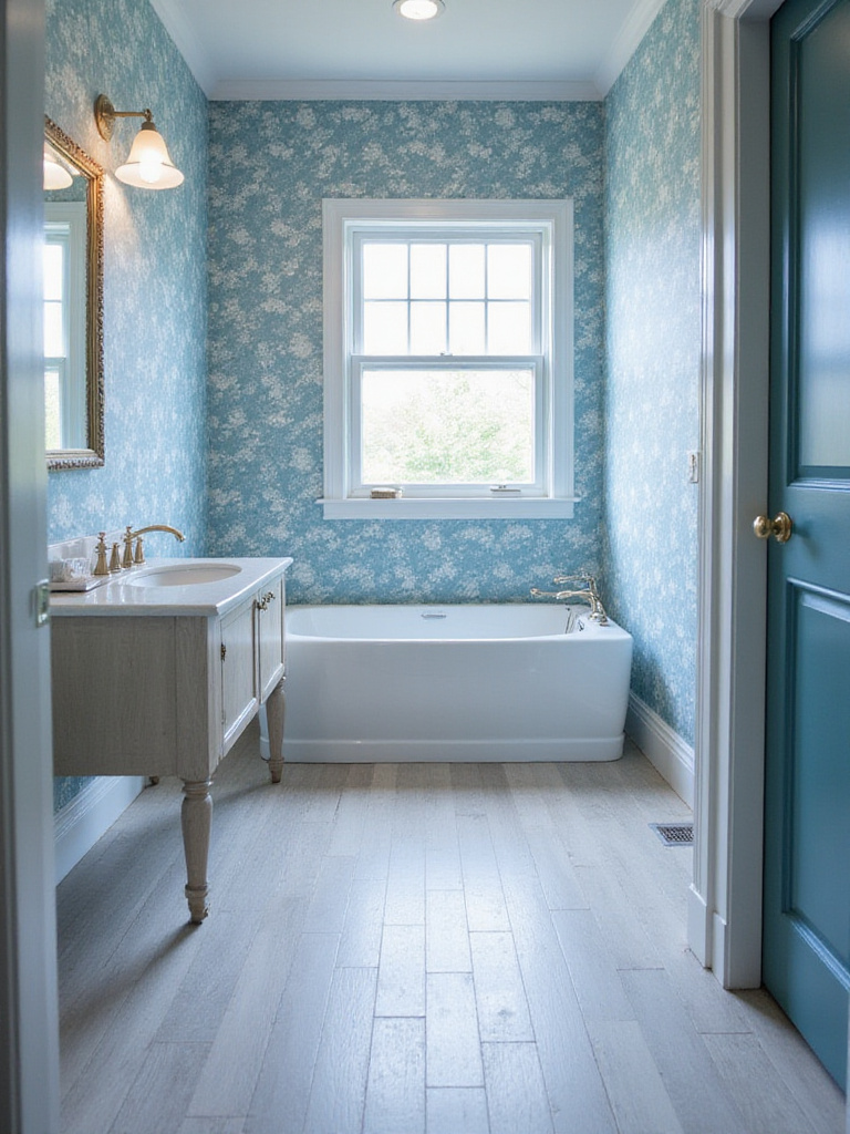 Bathroom with blue wallpaper and matching light grey wood-look flooring