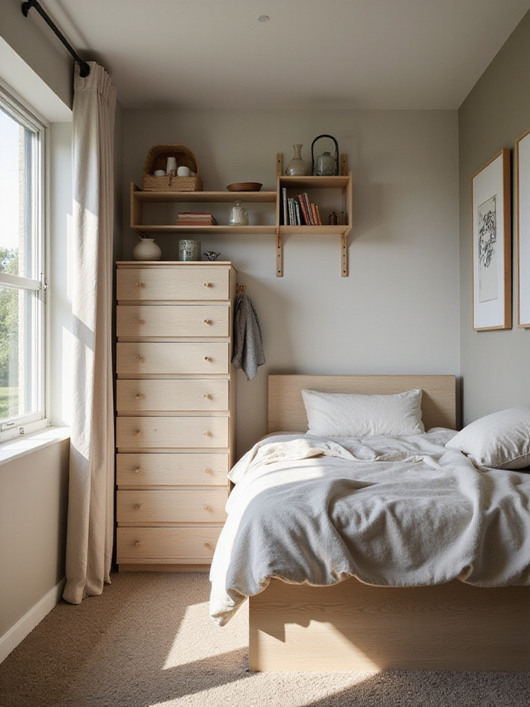 Small bedroom layout showcasing effective use of space with vertical storage solutions.
