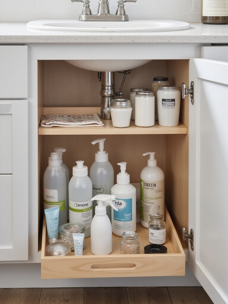 Organized under-sink cabinet with pull-out organizers displaying toiletries and cleaning supplies.