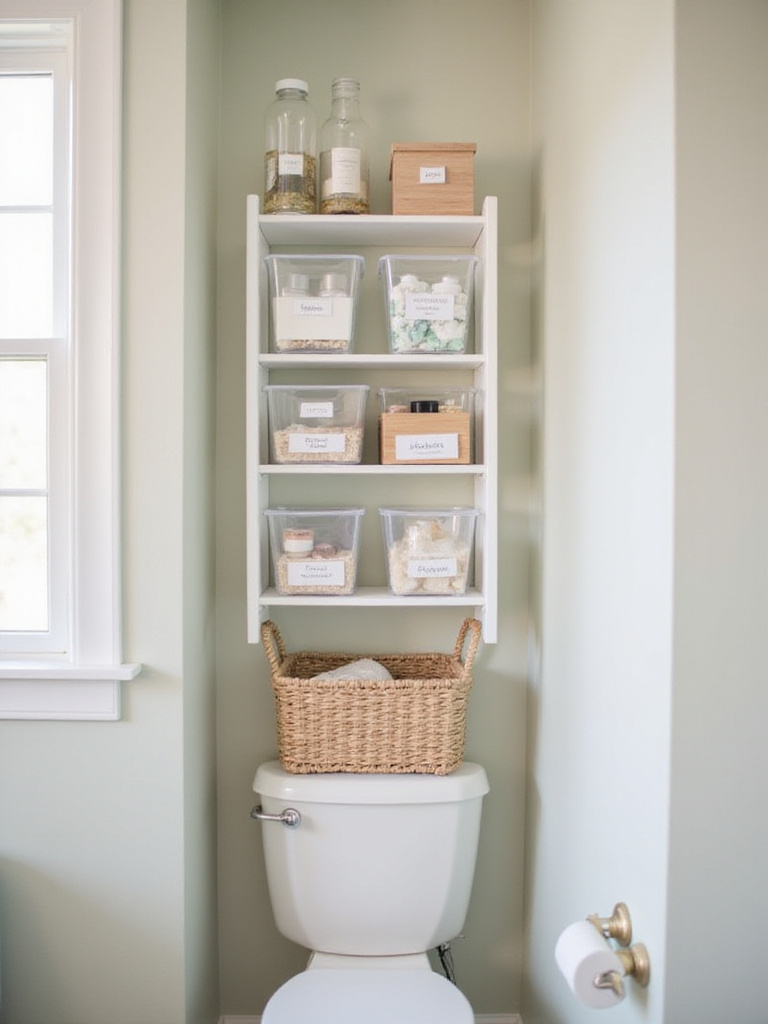 Organized bathroom shelf over toilet with toiletries in clear bins and bamboo boxes.