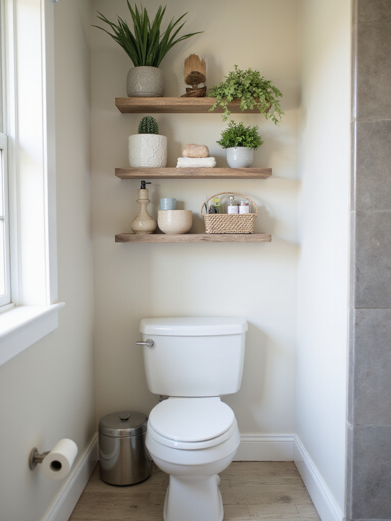 Over-the-toilet shelving in a well-decorated bathroom, showcasing organized storage and decor.