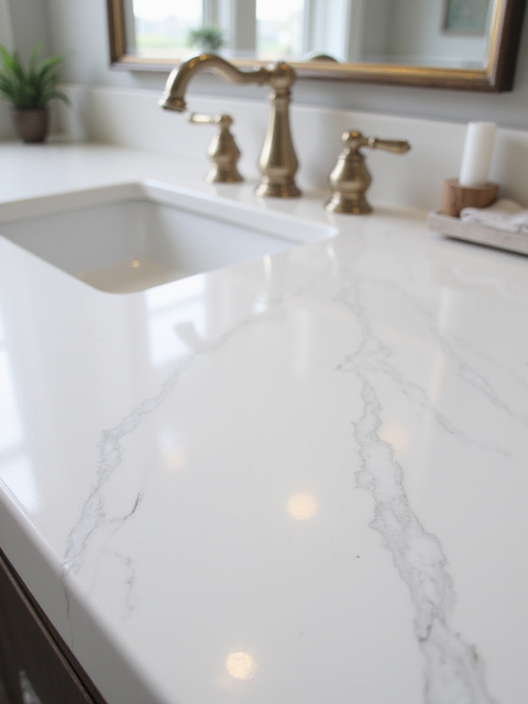 Remodeled bathroom with painted white marble countertops and modern fixtures.