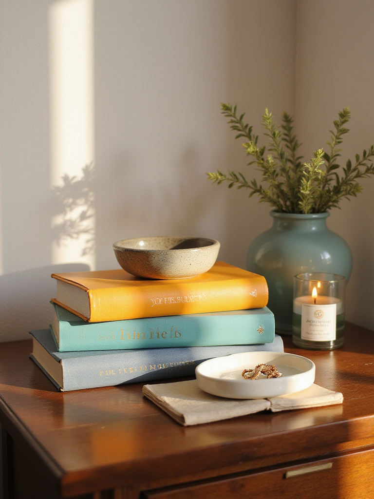 Styled nightstand featuring books, a jewelry dish, and a candle in warm light.