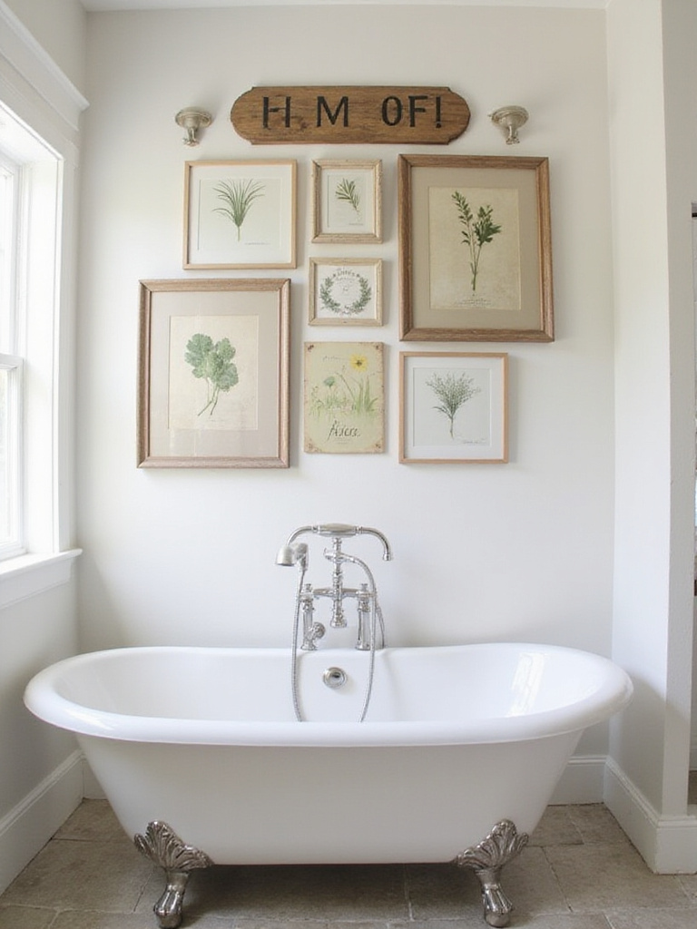 Farmhouse bathroom with curated wall art above a clawfoot tub