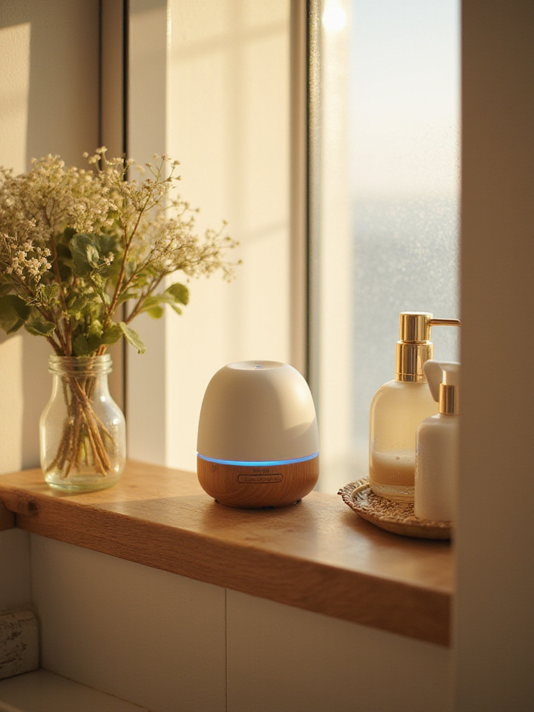 Automatic diffuser on a shelf in a beautifully decorated bathroom