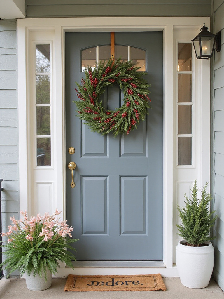 A well-decorated front door scene showcasing seasonal decor transitions.