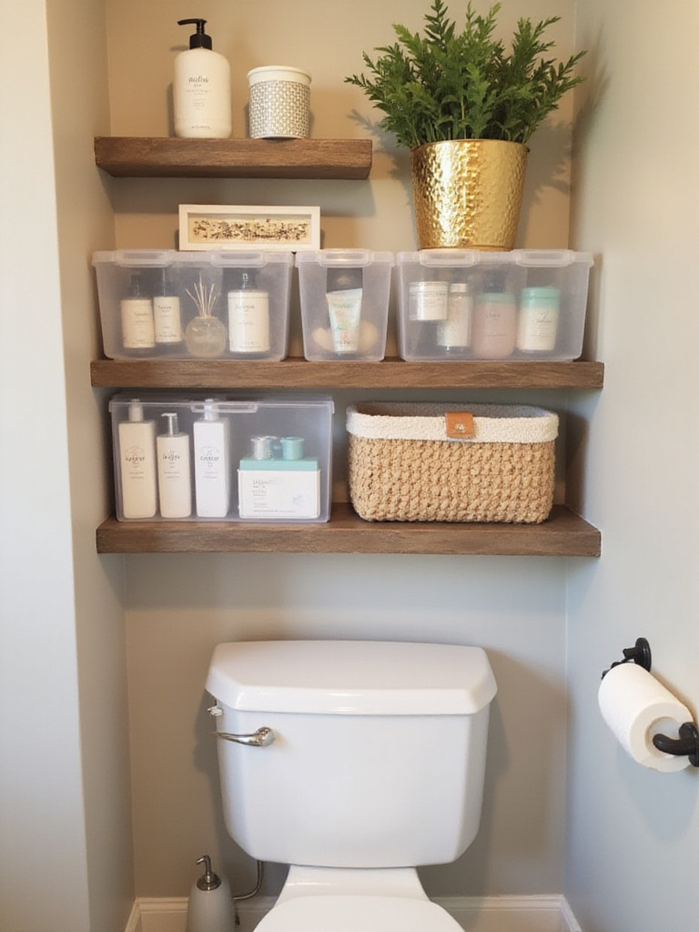 Organized bathroom shelf over toilet with clear bins and decorative baskets