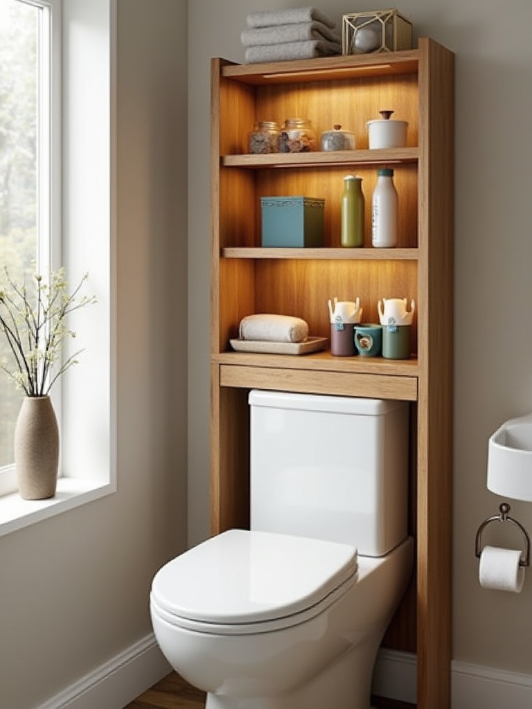 Adjustable shelves in a modern bathroom over toilet, showcasing various sized items organized efficiently.