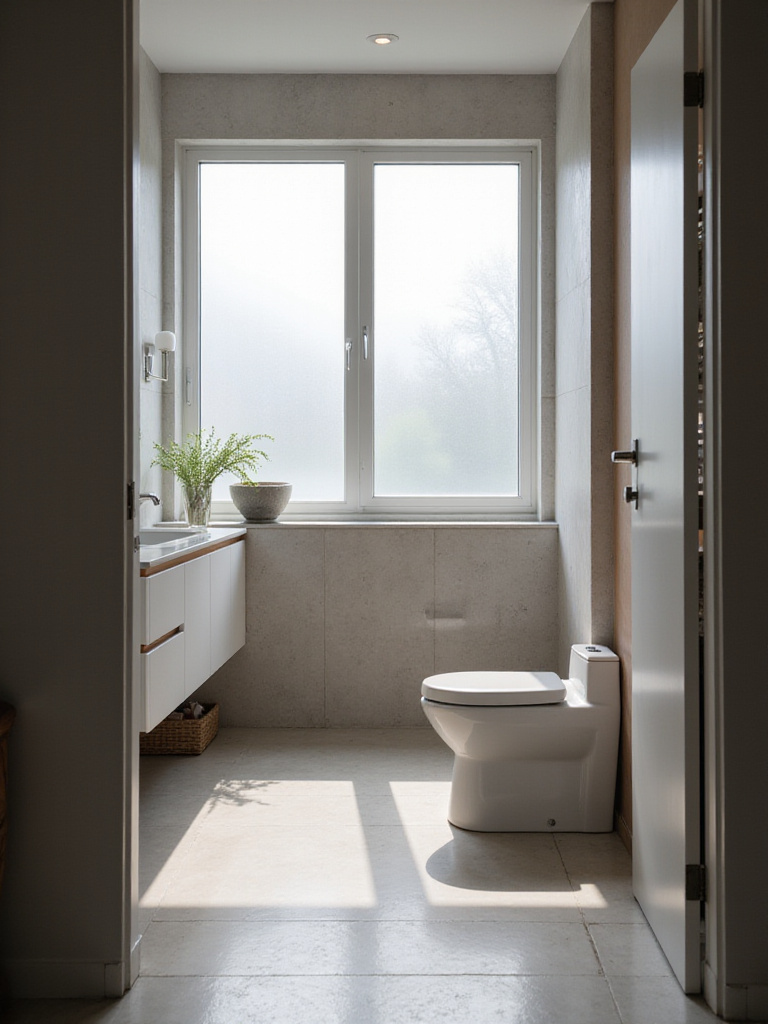Modern bathroom with essential upgrades including a low-flow toilet and stylish vanity