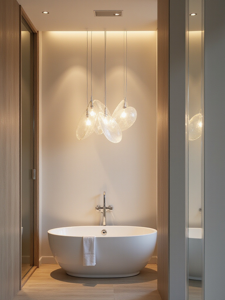 Modern bathroom with a sculptural lighting fixture over a freestanding bathtub.