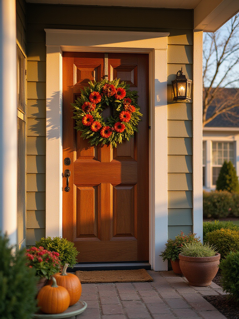 A beautifully decorated front door with a weather-resistant wreath under warm golden hour lighting.