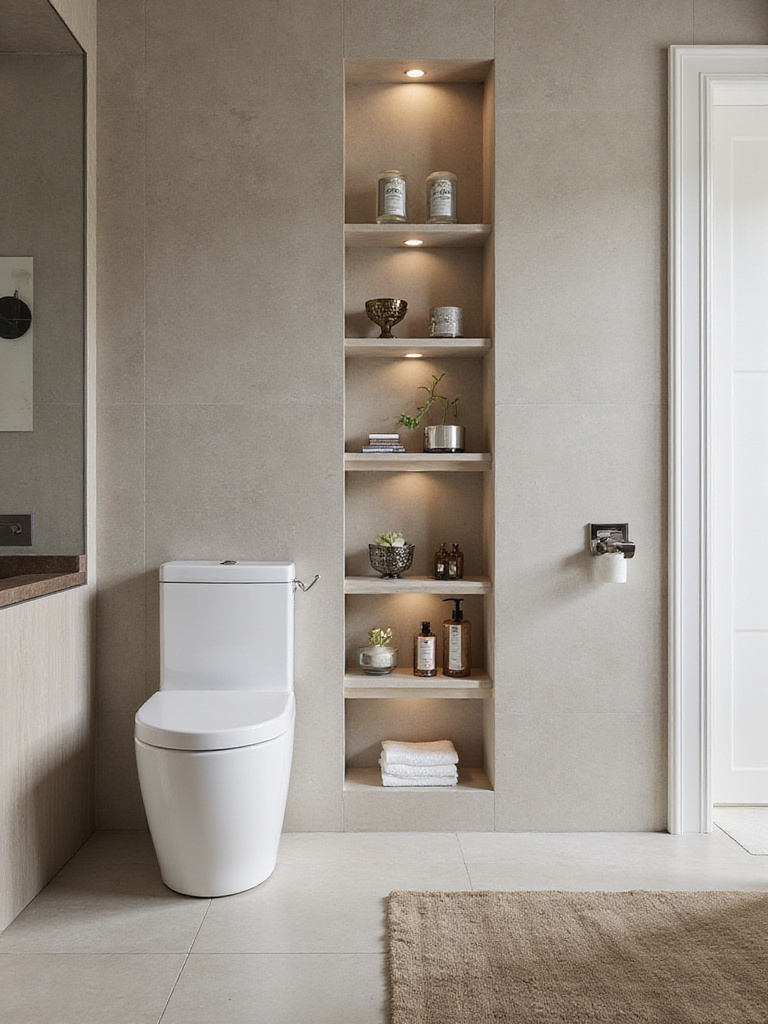 Modern bathroom with recessed niche shelves filled with toiletries