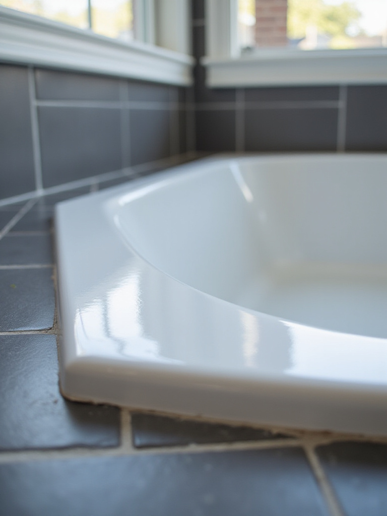 Freshly caulked bathtub edge showing pristine finish.