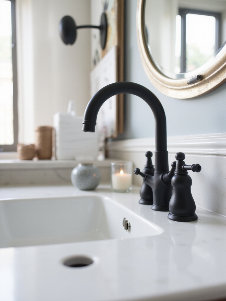 Modern matte black bathroom faucet in a stylish remodeled sink area.