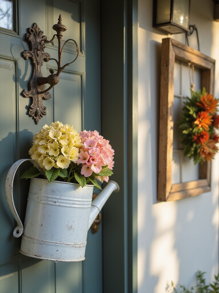 Charming front door decorated with vintage finds including a watering can and window frame.