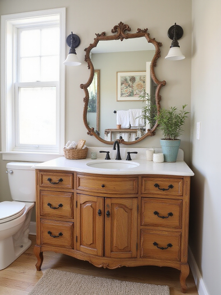 Farmhouse bathroom with a repurposed vintage dresser vanity surrounded by rustic decor.