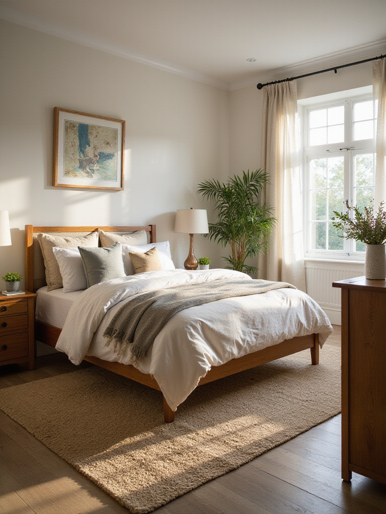 A well-arranged bedroom demonstrating perfect furniture scale and proportions.
