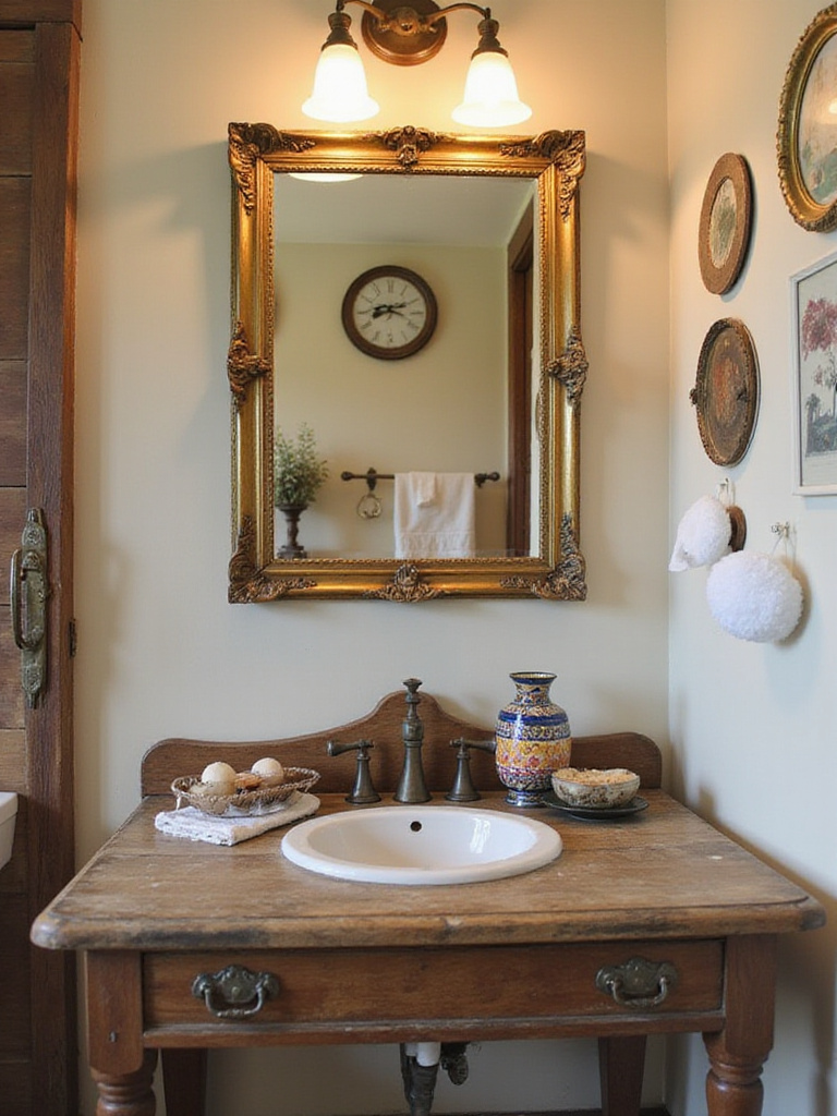 Styled bathroom showcasing unique thrifted decor including a vintage mirror and rustic accessories.