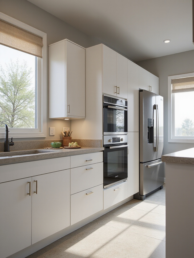 Modern kitchen with seamlessly integrated appliances into furniture layout.