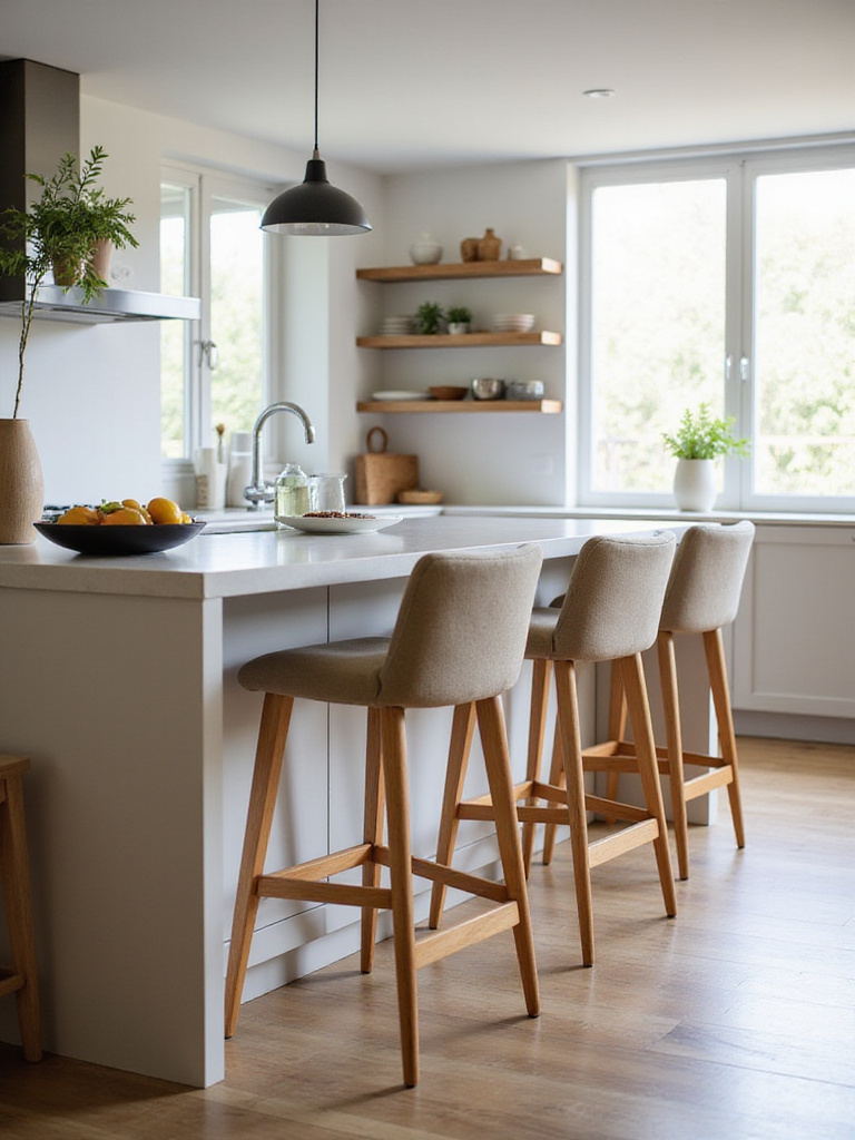 Ergonomic bar stools at a modern kitchen island