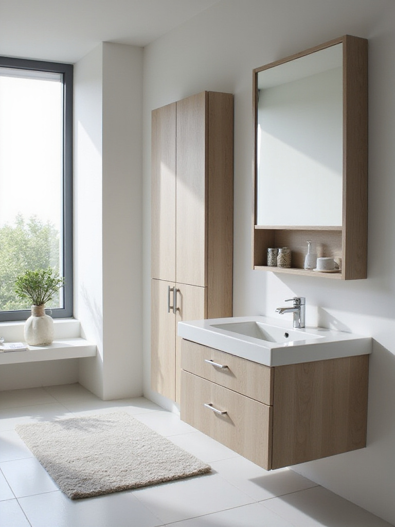 Modern bathroom with sleek, handleless cabinetry showcasing clean lines and a minimalist design.