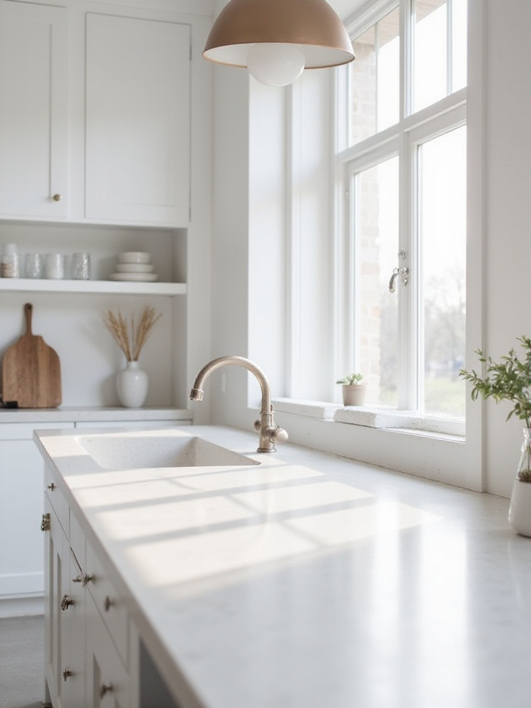 Scandinavian kitchen with durable light quartz countertops, showcasing a bright and functional workspace.