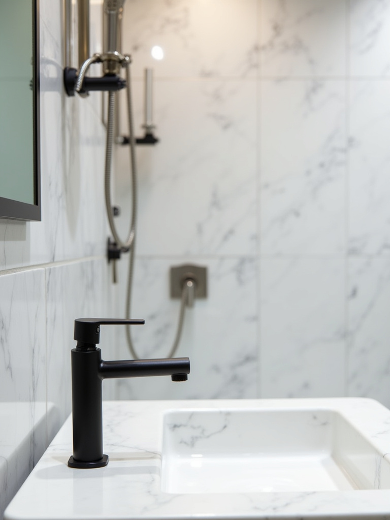 Modern bathroom featuring matte black and brushed nickel fixtures