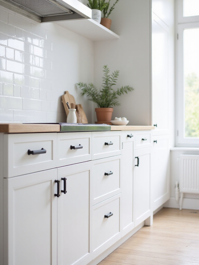 Scandinavian kitchen with white cabinetry and black hardware