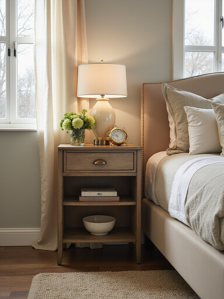 Elegant bedroom scene featuring stylish nightstands with storage options.