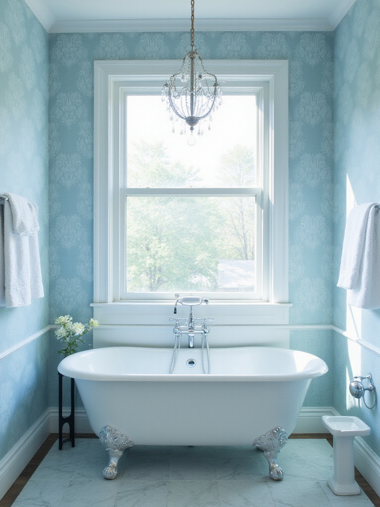 Elegant bathroom with soft blue wallpaper and natural light.
