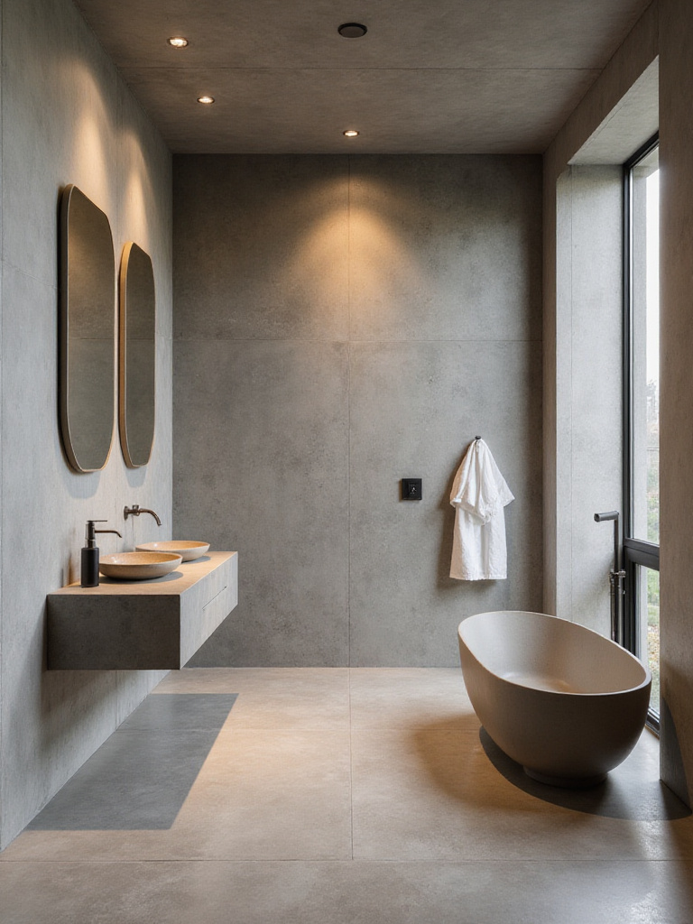 Modern bathroom with concrete microcement finishes, showcasing seamless design and minimalist aesthetics