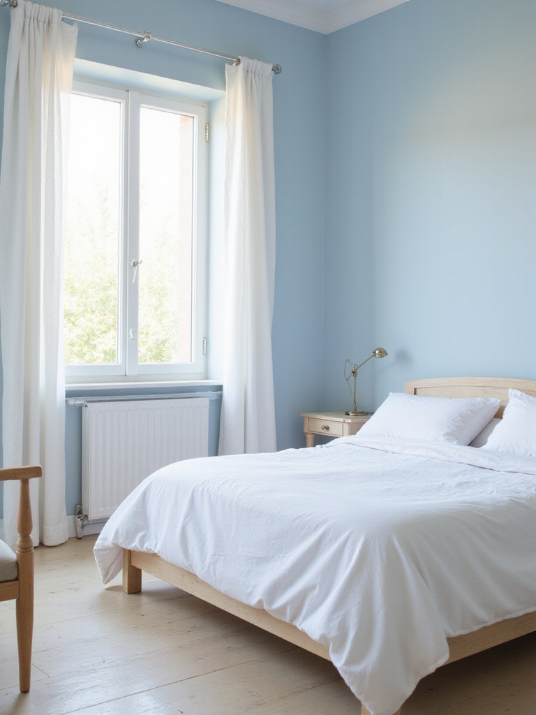 A calming color palette in a serene bedroom with soft blue walls and white linens.