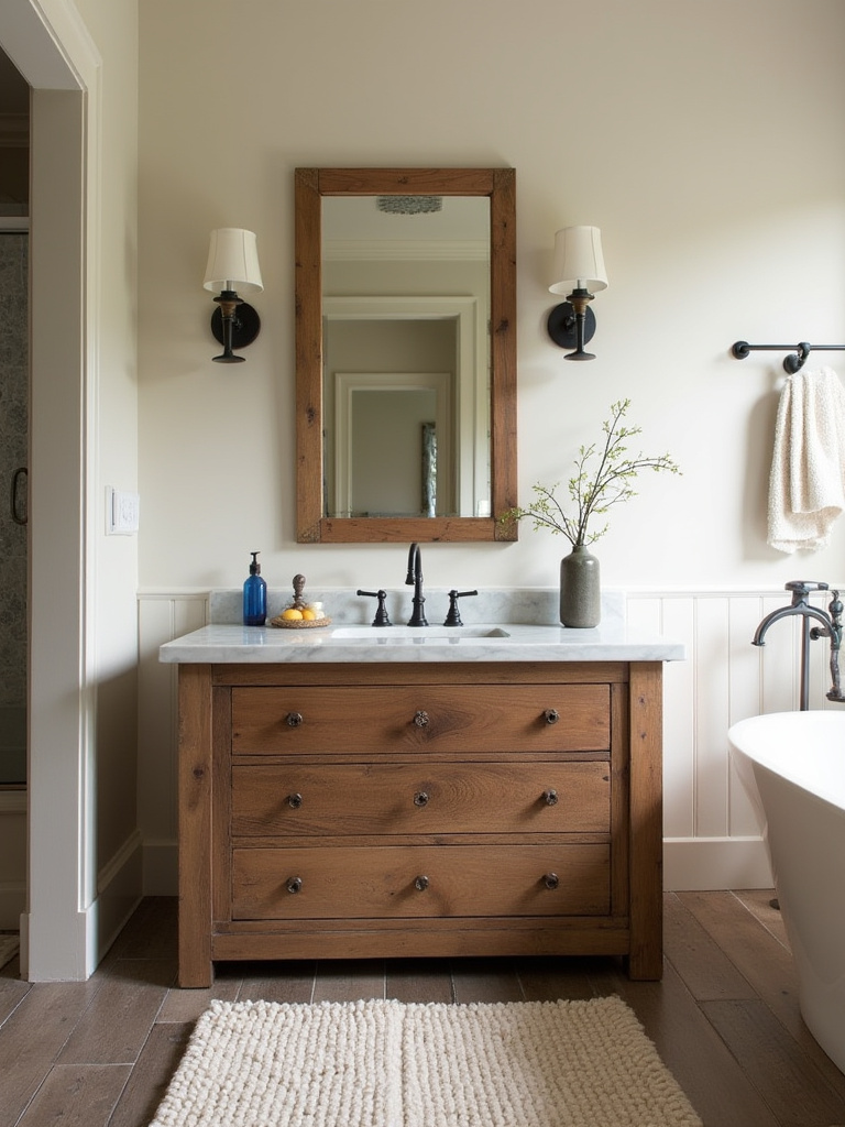 Rustic wood vanity in a farmhouse bathroom with natural lighting.