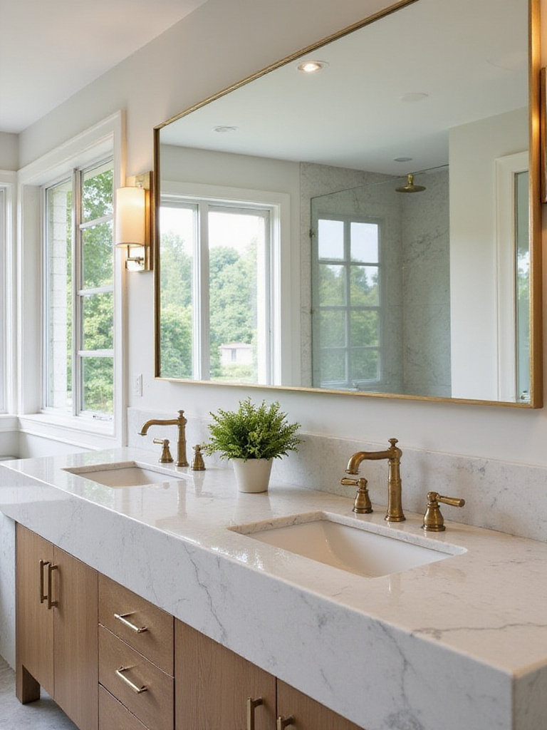 Luxurious bathroom with an oversized statement mirror reflecting natural light