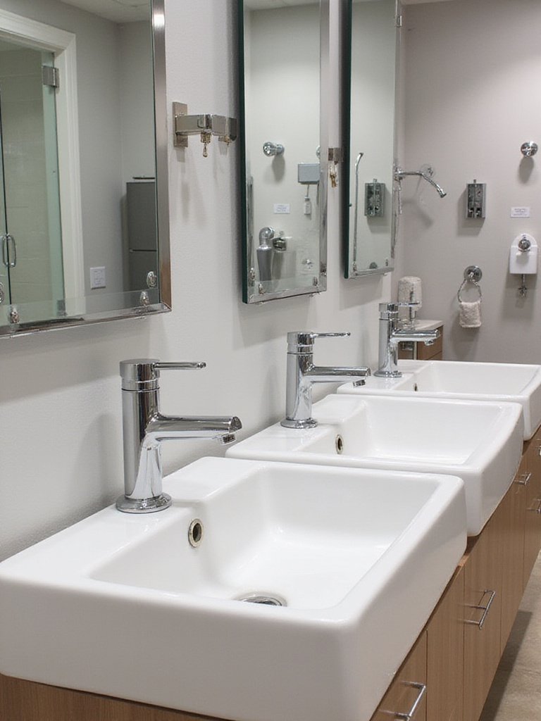 Brightly lit bathroom showroom displaying various discounted bathroom fixtures.
