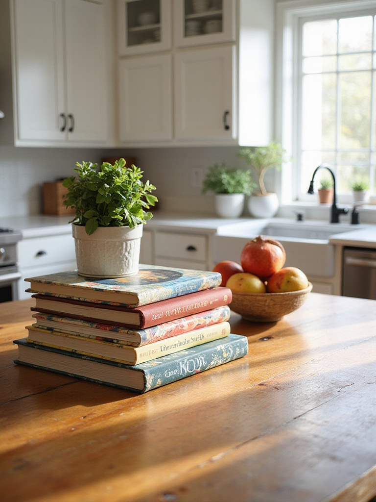 A kitchen island displaying colorful cookbooks with warm lighting and decorative elements.