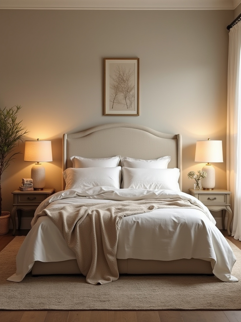 A beautifully styled bedroom featuring a Queen size mattress with soft linens, showcasing a serene atmosphere.