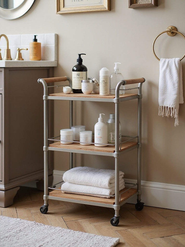 A slim rolling cart with bathroom essentials in a small bathroom setting.