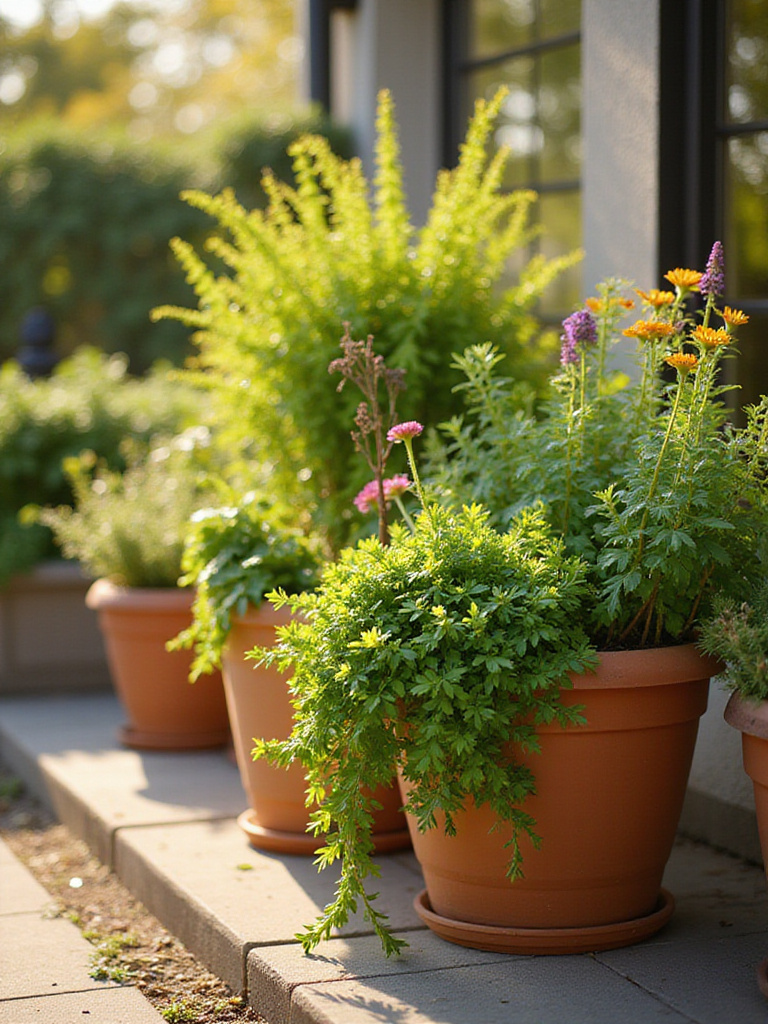A vibrant patio garden featuring cascading trailing plants over terracotta pots