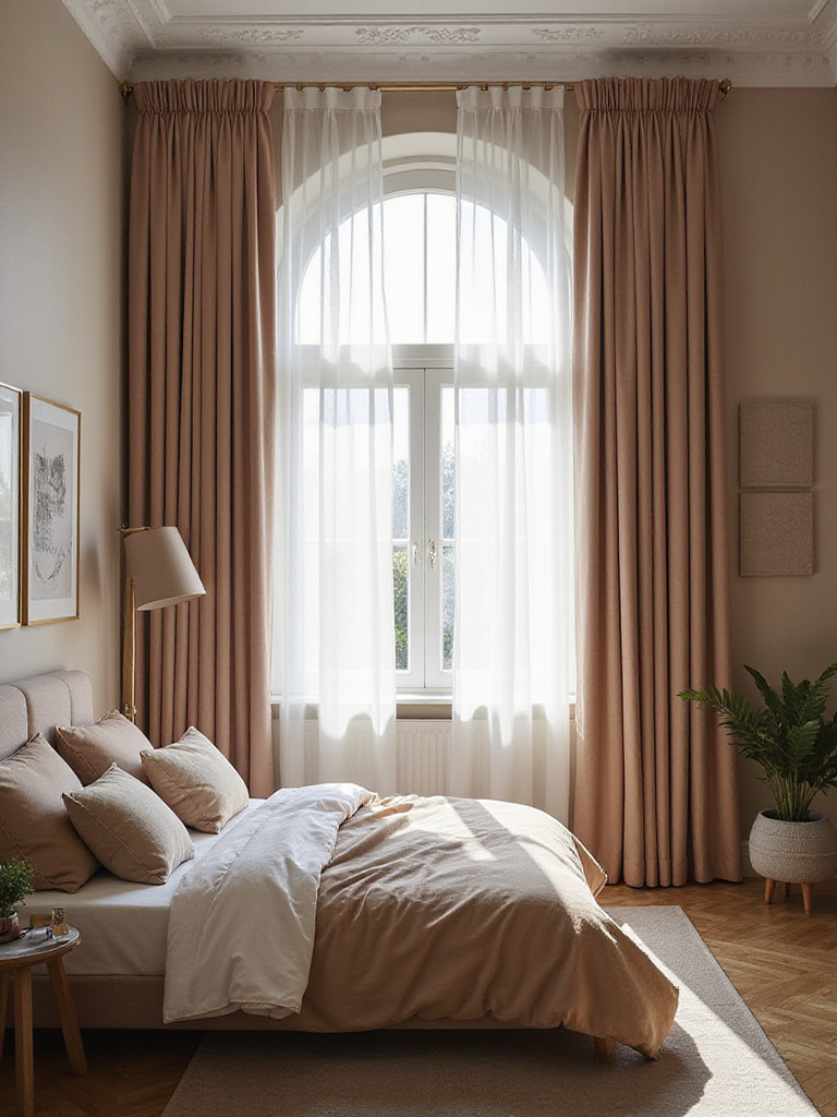 Cozy apartment bedroom with soundproofing elements including acoustic panels and heavy drapes.