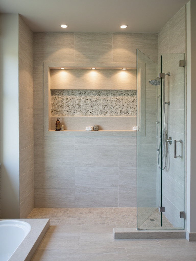 Elegant bathroom with built-in niches showcasing decorative items and toiletries.