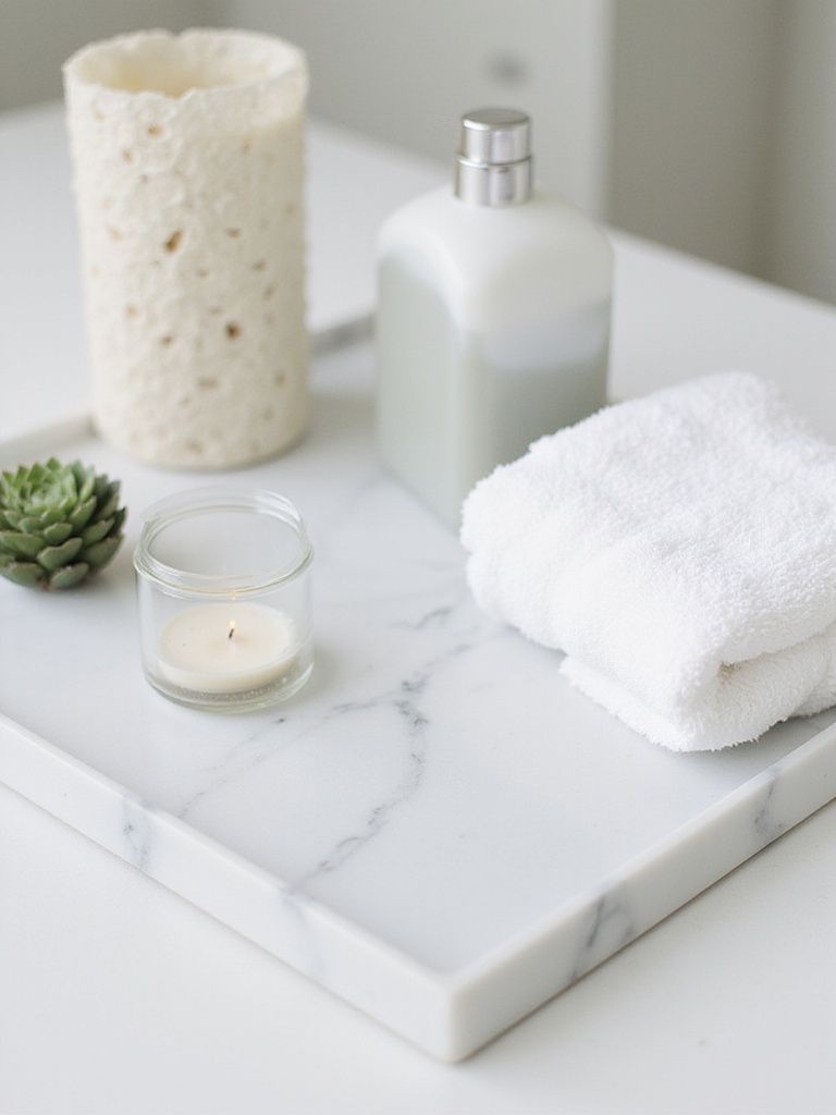 Elegant bathroom countertop styled with a white marble tray holding soap, a candle, and a plant.