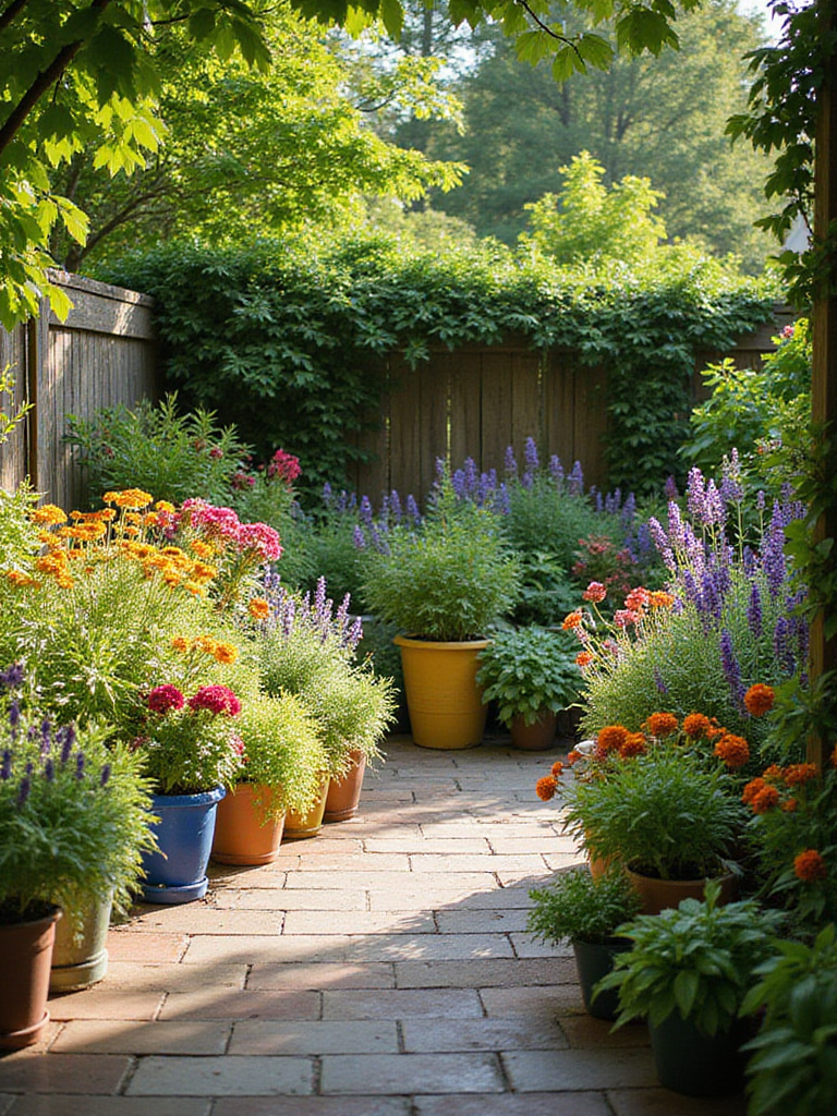 Lush patio garden filled with native flowering plants attracting pollinators.