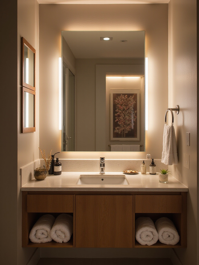 Modern bathroom with energy-efficient LED light fixtures illuminating a stylish vanity
